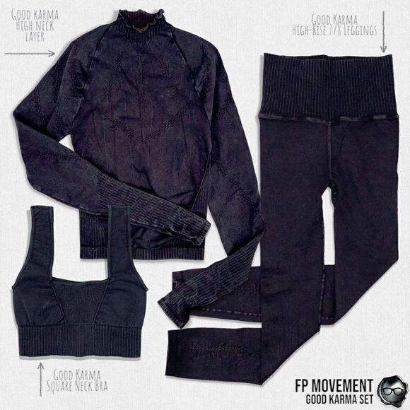 FP MOVEMENT GOOD KARMA SET: HIGH-NECK LAYER TOP + SQUARE NECK BRA + LEGGINGS NEW - Picture 1 of 16